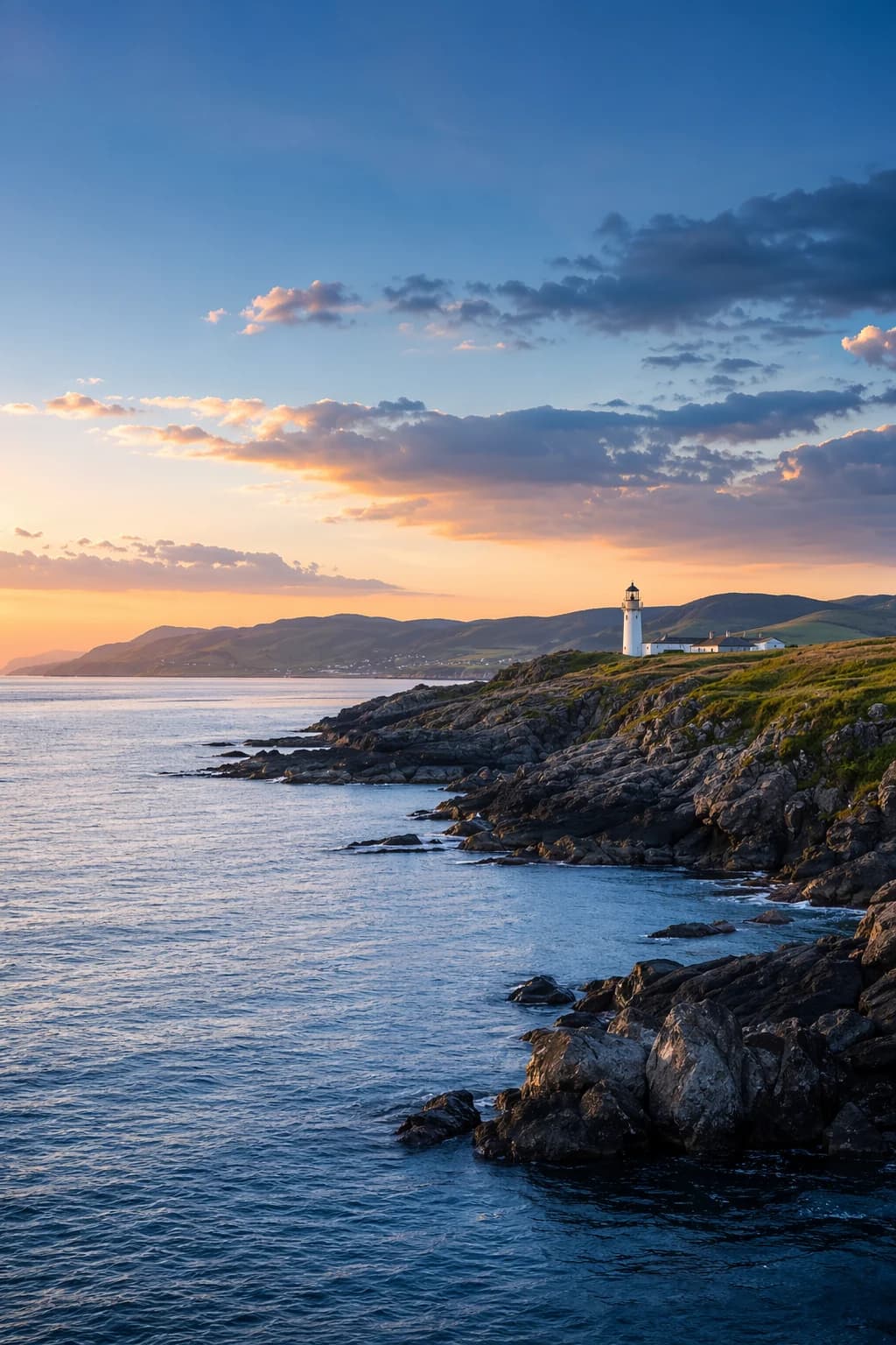 Ayrshire coastline at sunset with a lighthouse
